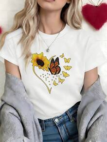 Boho Sunflower Butterfly Heart Outline Graphic T-Shirt, 100% Cotton Oversized Soft Breathable Sunny Tee, Casual Crewneck Short Sleeve Top for Summer & Nature Lovers - Blanco - Ver 4