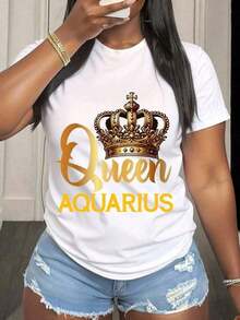 Aquarius Zodiac Sign Graphic T-Shirt With A Purple Cap And Bold Design For Astrology Enthusiasts. A  Women's T-Shirt With A Celestial Theme And Vibrant Colors, Perfect For Everyday Wear And Zodiac Celebrations. 100% Soft Cotton. - 白色 4 - 查看 7