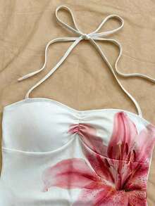 Vestido ceñido con estampado floral romántico de color rosa sobre base blanca, con dobladillo asimétrico, cuello halter y lazo, para vacaciones, playa, estilo occidental, festivales, verano, estilo bohemio - Vestidos de verano para mujer - Rojo - Ver 7