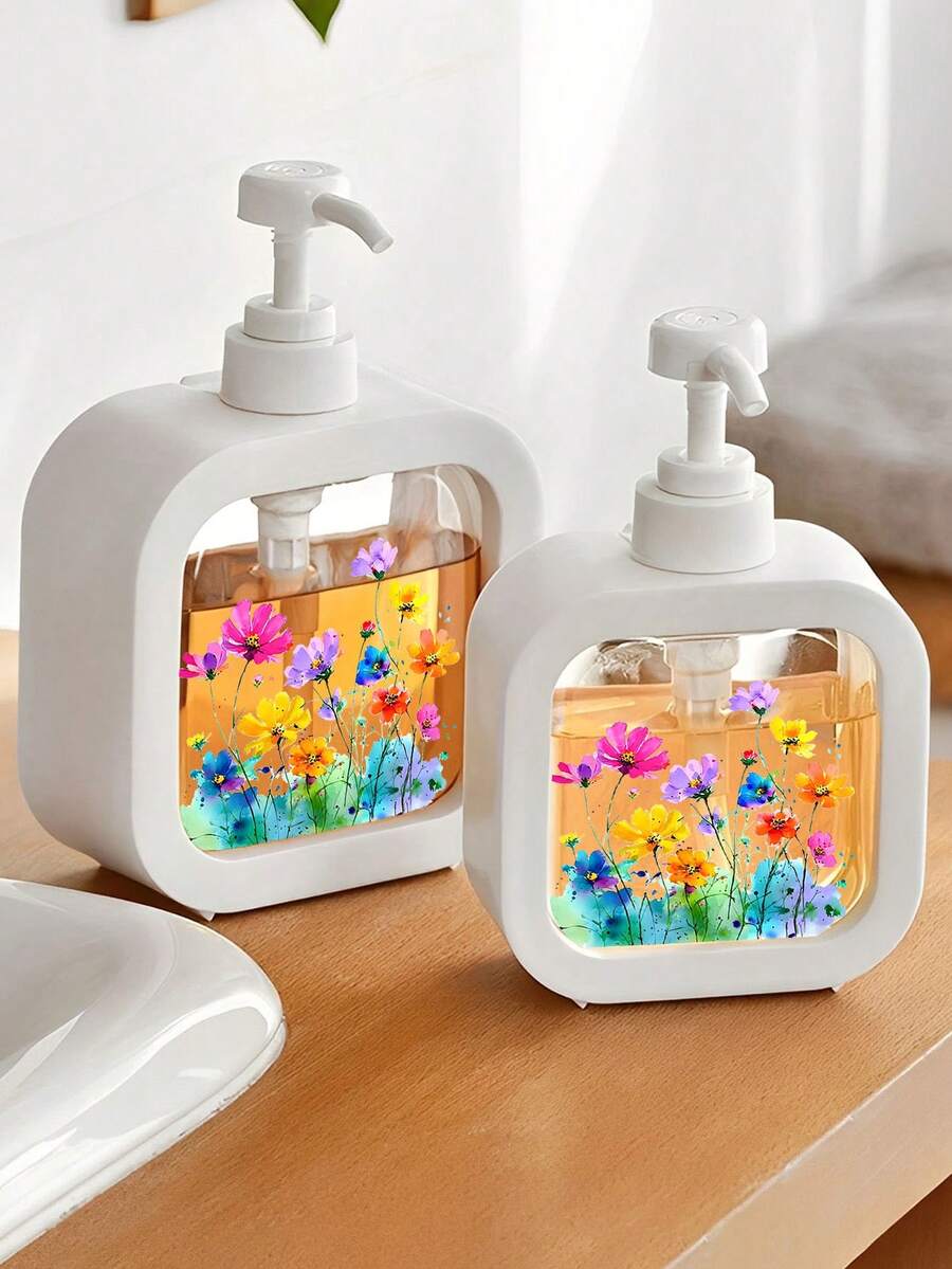 Artsy Liquid Soap Dispenser With Vibrant Watercolor Floral Pattern - Ideal For Kitchen Sink, Bathroom, And Office Desk. This Liquid Container Is Easy To Clean And The Colorful Petal Gradient Design Makes It A Decorative Piece. - Multicolor - View 1