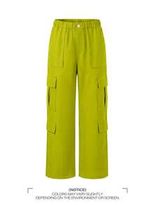 Pantalones cargo elegantes y lindos de estilo Y2K con múltiples bolsillos y botones, de color marrón, de peso ligero, adecuados para volver a la escuela, graduación, club, fiesta de cumpleañ - Verde limón - Ver 2
