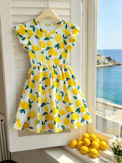 1pc Young Girl' Countryside Fresh Lemon All-Over Print Cap Sleeve Dress, Spring/Summer