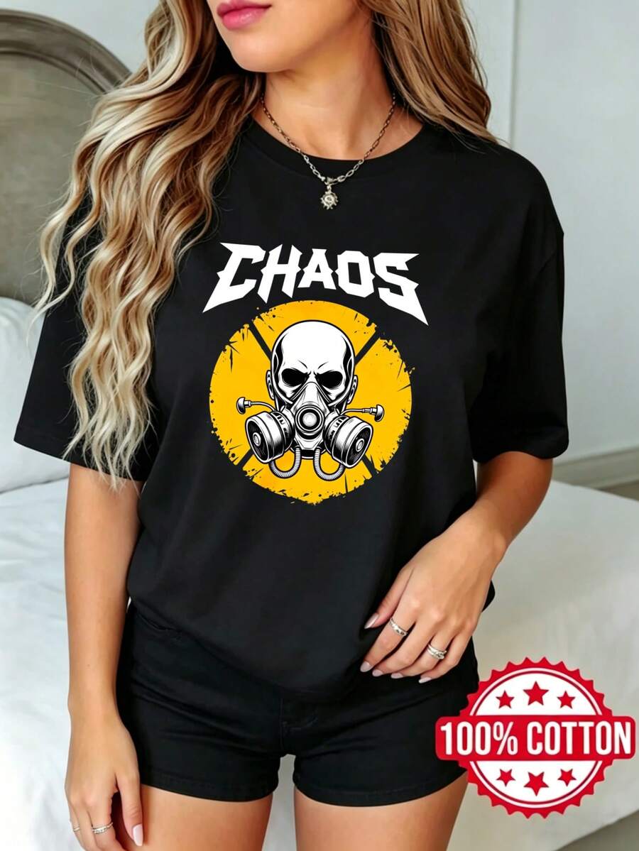 Camiseta negra de manga corta, cuello redondo y estampado para mujer de verano Cráneo Caos Máscara de Gas Círculo Amarillo S-3XL moda 100% aodón material