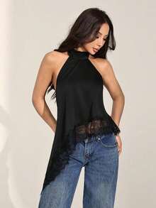 Top halter con escote trasero, bajo asimétrico y parches de encaje, sexy para el verano - Negro - Ver 8