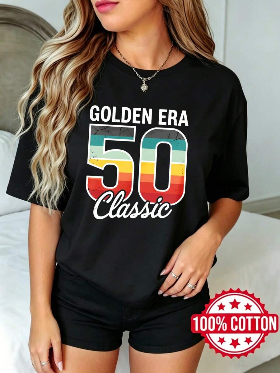 Camiseta negra de manga corta, cuello redondo y estampado para mujer de verano casual Era Dor 50 Clásicos S-3XL moda 100% aodón material transpirable