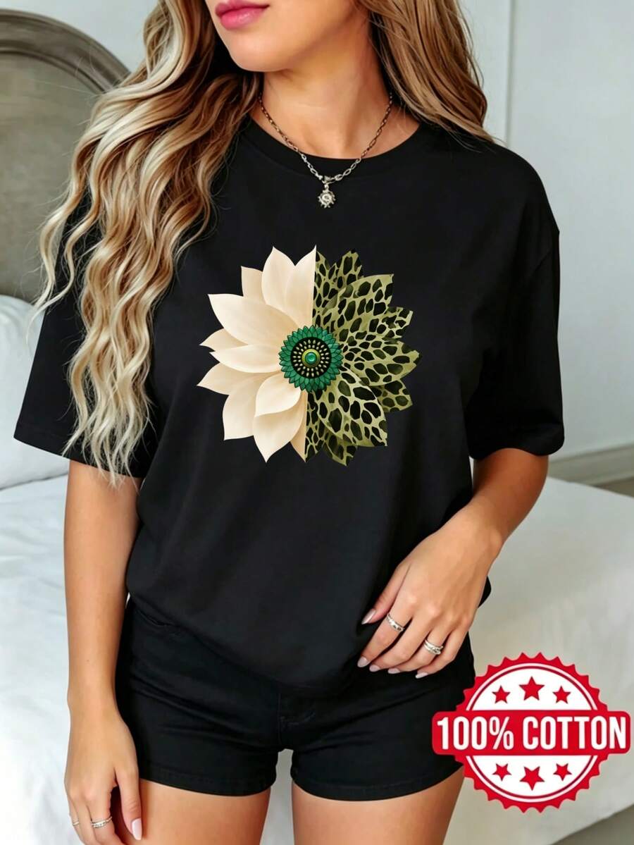 Camiseta negra de manga corta, cuello redondo y estampado para mujer de verano Flor y estampado de leopardo S-3XL Moda 100% aodón material transpirable