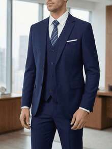 3 PiecesNavy Blue Suit Set For Men, Includes Single-Breasted Jacket + V-Neck Vest + Straight-Leg Pants, Wrinkle-Resistant, Durable, Non-Deforming, Comfortable For Long Wear, Easy Care, Suitable For Business Or Wedding Occasions - Navy Blue - View 6