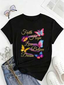 Women's Clothing: Women's T-Shirt With "Butterfly" Print | Casual Loose Fit, Short Sleeves, Round Neck, Medium Stretch, Vibrant Butterfly And Flower Print Design, Fashionable T-Shirt For Spring, Summer, And Autumn, Butterfly Shirt, Pure Cotton Printed Short-Sleeve Top, Round Neck, Stretchy Fabric, Fashionable Top For Spring/Summer, An Ideal Gift For Mothers And Women. Women's Shirts - 黑色 - 查看 2
