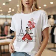 Women's Pure Cotton Paris Eiffel Tower Graphic T-Shirt - Short Sleeve Round Neck Casual Top With Heart Balloons Print, Loose Fit Tee For Daily Wear, Available In S-5XL Sizesblusas para mujer>ropa  blusa casual mujer  women clothing casual - Azul - Ver 8