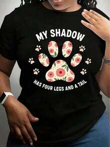 Women's Premium Casual Shirt, White With Floral Pet Paw Print, Four Paws And Tail, For Pet Lovers And Dog Owners, Everyday Wear, Crew Neck, Loose Fit, - 黑色 - 查看 7