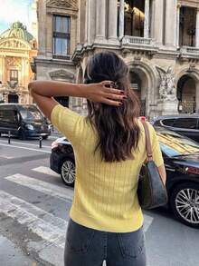 Áo cardigan dệt kim tay ngắn cổ chữ V dành cho nữ, dáng suông, màu vàng nhạt, kiểu dáng thường ngày với cúc vàng. Áo mùa hè, thích hợp mặc đi làm. - Màu vàng - Xem 8