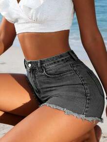 Women's Sexy Distressed Stretch Fitted Straight Leg Denim Shorts, Summer - Grey - View 5