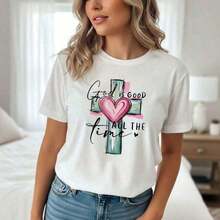 Women's Short-Sleeve Cotton T-Shirt With Christian Design, Cross And Heart Print With The Phrase "God Is Good All The Time", Short Sleeve, Casual Loose Fit, Size S, Basic Black Crew Neck T-Shirt For Everyday Wear, Clothing Inspired By Religious Faith. 100% Cotton - 白色的 - 查看 7