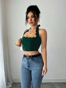 Top corto con escote halter, volantes y amarres en negro para mujer, ideal para vacaciones - Verde Oscuro - Ver 7
