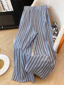 Pantalones casuales holgados de cintura ancha con rayas Elastic para mujer - Niebla azul - Ver 2