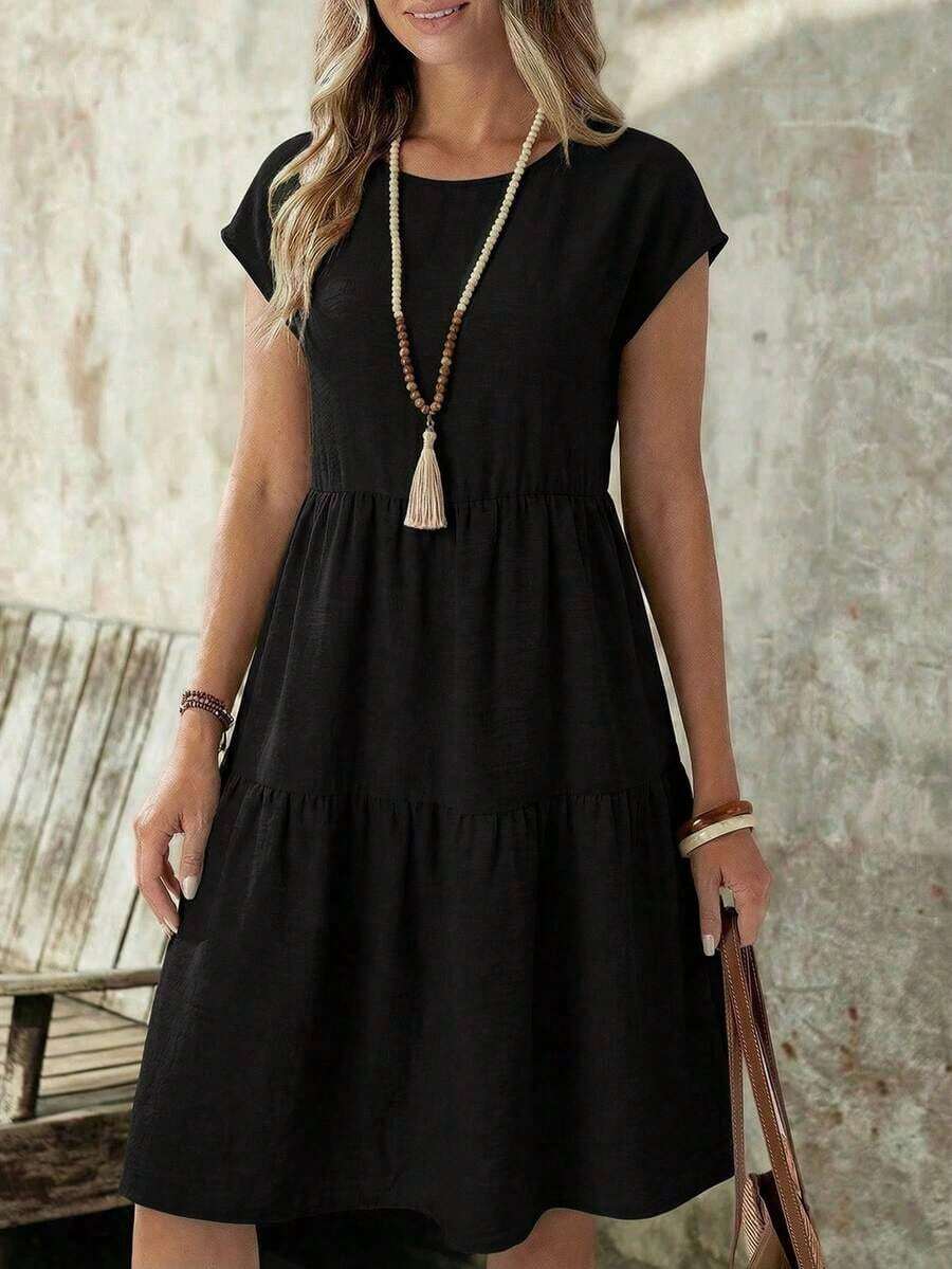 Women's Casual Dress With Short Sleeves, Round Neck And Mid-Length, With A Green Linen Look, For Spring/Summer - 黑色 - 查看 1