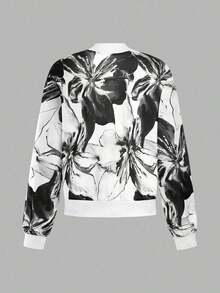 Chaqueta con cremallera con estampado floral casual para mujer - Blanco y Negro - Ver 2