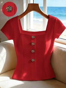 Camiseta de mujer de unicolor con cuello cuadrado y decoración de botones delanteros de manga corta - Rojo - Ver 1