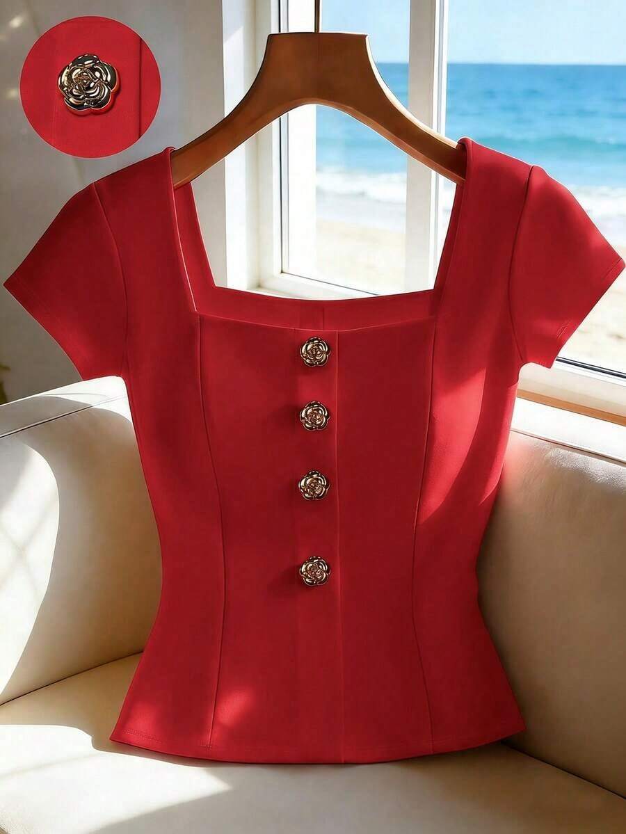 Camiseta de mujer de unicolor con cuello cuadrado y decoración de botones delanteros de manga corta - Rojo - Ver 1