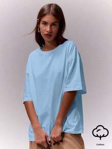 Camiseta de cuello redondo suave y oversize, parte de un armario cápsula casual, camiseta oversize para uso diario, aeropuerto, vuelta al colegio, elegante para primavera y verano, vacaciones - Azul - Ver 8