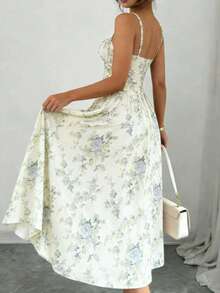 Vestido Midi Floral Amarillo para Mujer, Tirantes, Cintura Fruncida y Abertura Lateral, Estilo Chic para Primavera-Verano - Blanco - Ver 2