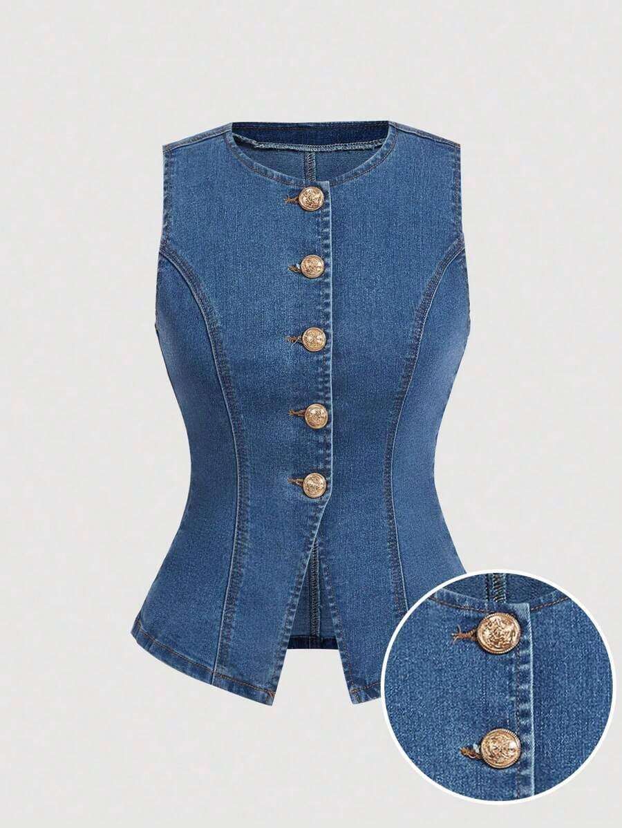 Top de mezclilla sin mangas para mujer, casual de ajuste ceñido y elástico, camiseta de verano, camisetas sin mangas para mujer, ropa de los 90, casual de negocios para mujer, tops de salida para mujer, atuendos de primavera para mujer, tops lin - Azul lavado medio - Ver 1