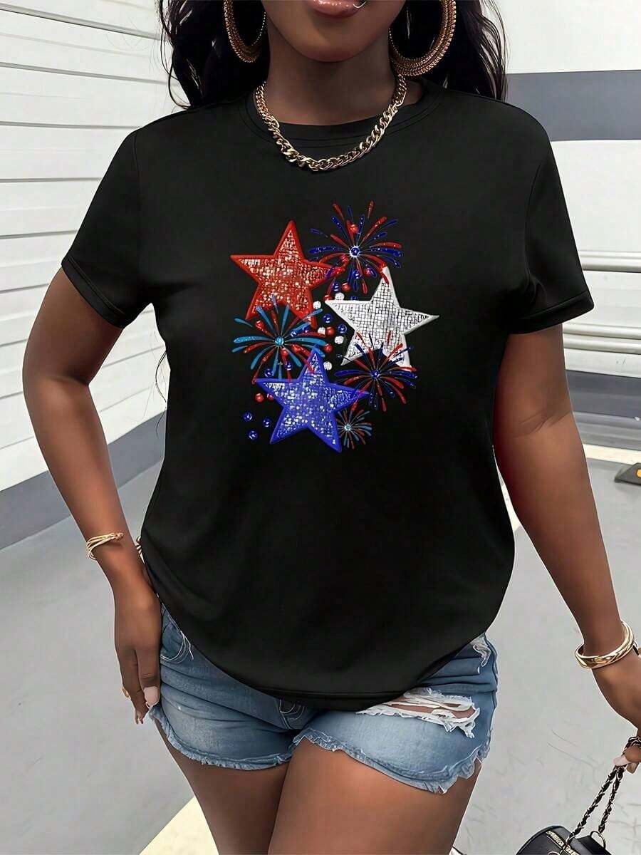 Women's Clothing Patriotic Fireworks Print T-Shirt - Casual Short Sleeve Crew Neck Light Gray With Red, White, And Blue Star Design, Perfect For Summer, Vacation, And Parties, Casual Wear | Patriotic Design | Comfortable Fit Women's Shirts - 黑色 - 查看 1