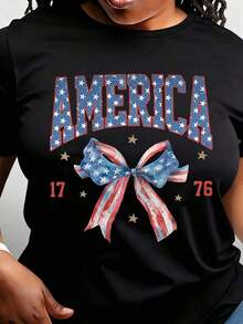 Women's Short-Sleeved T-Shirt With American Flag And Bow, Casual Short-Sleeved T-Shirt For Everyday Outdoor Wear, Suitable For Any Occasion, Perfect As A Birthday Gift, For All Seasons, Summer T-Shirt. - 黑色 - 查看 6