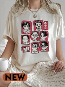 Women Cartoon Bangtan Inspired Graphic Tee  Fan Art Casual Short Sleeve Crewneck T Shirt - 白色 - 查看 1
