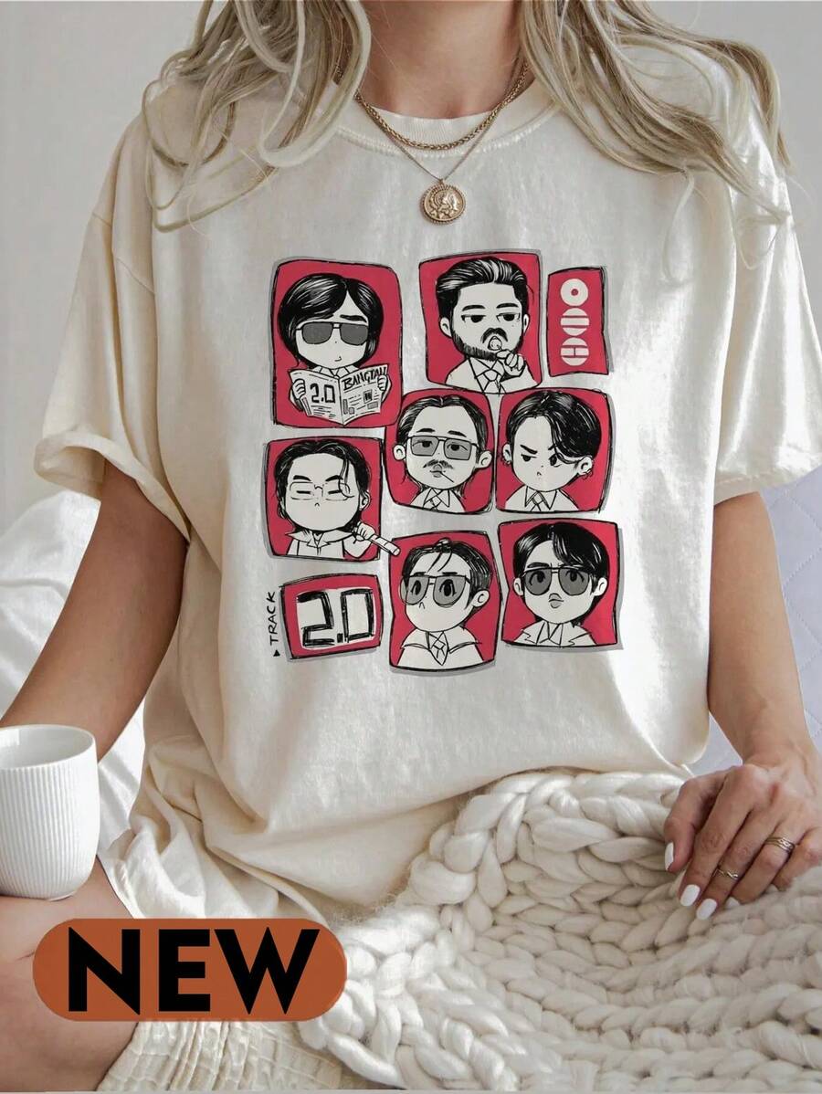 Women Cartoon Bangtan Inspired Graphic Tee Fan Art Casual Short Sleeve Crewneck T Shirt - 白色 - 查看 1