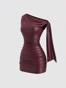 Nuevo vestido mini de verano de ajuste ceñido con cuello asimétrico, cintura fruncida y detalles de volantes laterales, en tela elástica con revestimiento de color vino tinto, adecuado para club, fiesta, cóctel y uso diario - Burdeos - Ver 7