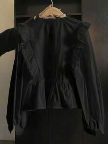 ii Blusa de manga larga con volantes, parches de encaje y unicolor casual blanca para primavera - Negro - Ver 3