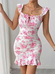 Vestido con estampado floral, volantes y bajo sexy para mujer - Rosa - Ver 5
