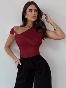 Camiseta ajustada con hombro asimétrico, cintura fruncida y decoración metálica, elegante y modesta para uso diario, color blanco, primavera/verano - Burdeos - Ver 11