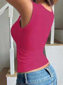 Top de punto sin mangas con cuello cuadrado francés, diseño de cintura ceñida, ropa de verano sexy y elegante para mujeres - Rosa Fucsia - Ver 2