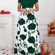 Lunessa Women Round Neck Short Sleeve Floral Print Elegant Charming Fashion Dress Burgundy Maxi Women Outfit - Rosa Pálido - Ver 4