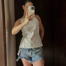 MUJER 2025 Top negro con espalda descubierta para mujer, Top corto blanco sin mangas con correas, Tops sexis de verano para mujer, Top de noche para fiesta para mujer - Negro - Ver 3
