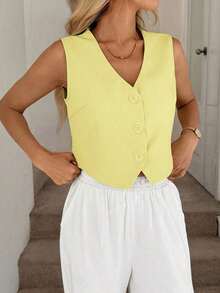 Chaleco negro, chaqueta fina, blusa de oficina para mujer - Amarillo - Ver 3