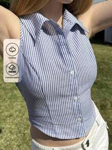 Camisa sin mangas de mujer de rayas tejida, azul - Azul y blanco - Ver 10