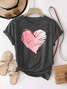 Camiseta casual gris de talla grande con estampado de corazón rosa de manga corta y cuello redondo, camiseta regular para mujer - Paquete de una pieza gris oscuro - 2 - Ver 10