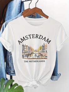 Corte regular estilo Amsterdam! Camiseta de manga corta para mujer con estampado de monumentos holandeses, cuello redondo, atuendo casual diario para el verano. - Blanco - Ver 7