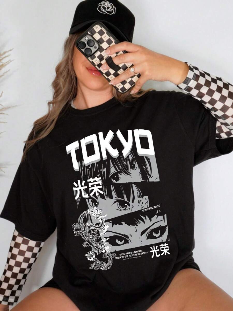 1 Piece 180g Women's Cotton Shirt, Oversized Short Sleeve Round Neck With Print For Daily And Street Wear, Designed By Y2K Artists In The Bababask Style - 黑色2 - 查看 1
