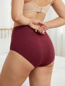 Plus Size Women's Lace Trim High Waist Panties, Soft Breathable Comfortable Basic Style, Curve Fitting, Non-Constrictive, Suitable For Daily Casual Wear, Burgundy - Burgundy - View 5