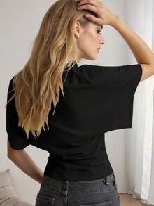 Camiseta blanca casual de mujer de cuello redondo y manga corta, holgada - Negro - Ver 6