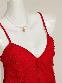 Blusa de tirantes de mujer con volantes de tela texturizada de unicolor para el verano y vacaciones - Rojo - Ver 9