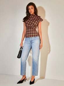 Blusa plisada con cuello para mujer, elegante para la oficina, artículo de moda versátil, adecuado para el trabajo, salidas casuales, fiestas, con estampado de cuadros marrones - Burdeos - Ver 3