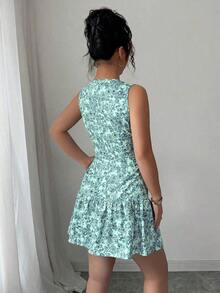 Vestido mini bohemio elegante francés con estampado floral sin mangas y cinturón para mujer, atuendo de graduación para primavera/verano - Multicolor 2 - Ver 2