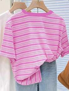 Camiseta de mujer talla grande con estampado digital a rayas de colores y bordado de fresa, regalo para amigos - Blanco 4 - Ver 2