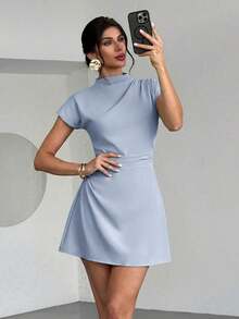 Vestido mini de línea A con fruncido de unicolor, adecuado para el uso diario en verano - Celeste - Ver 6