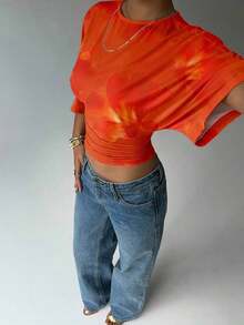Blusa de verano para mujer con diseño de manga murciélago, cuello redondo, fruncido y estampado floral de tinte de agua en tonos cálidos, ideal para playa/vacaciones, un look casual, minimalista y elegante - Naranja Quemada - Ver 6